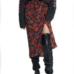 Rag & Bone Amber Midi Skirt Black Bright Floral 2 Slit Wrap Waist Detail Lined